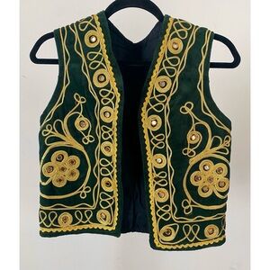 Vintage dark green velveteen and gold swirly trim flower mirrored vest size XS
